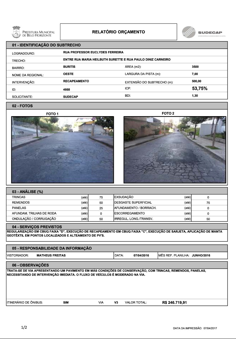 20160407 - Relatorio de Orcamento da Rua Euclydes Ferreira Sudecap